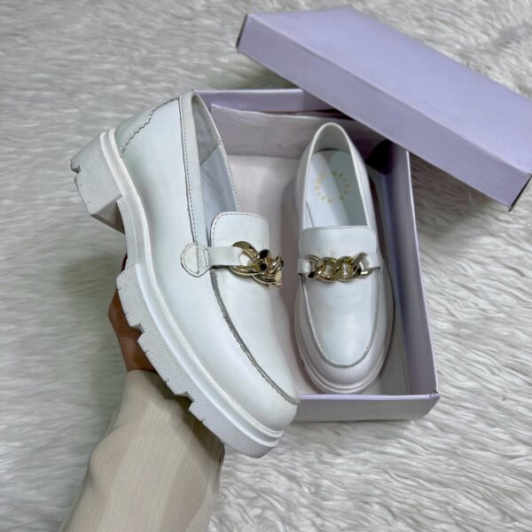 White Leather Gold Chain Chunky Loafers