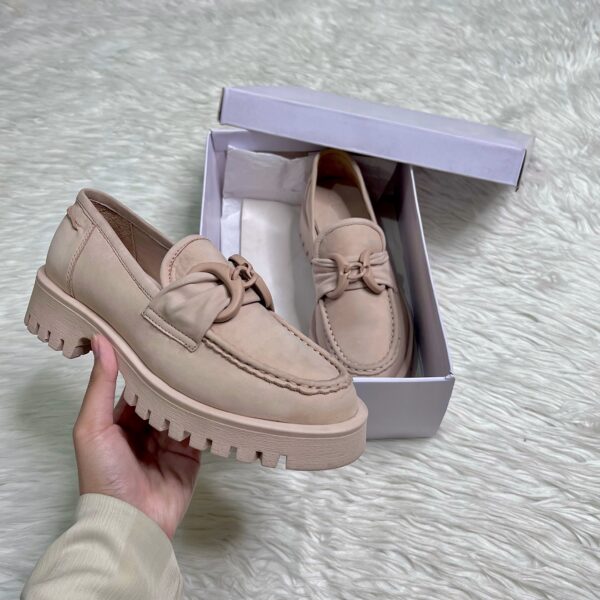 Rose Beige Platform Bow Leather Loafers