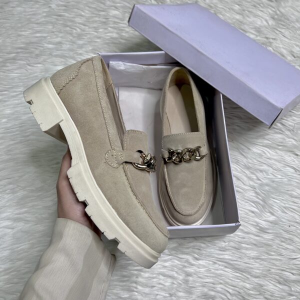 Beige Suede Gold Chain Chunky Loafers