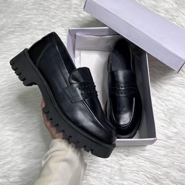 Black Studded Platform Leather Loafers