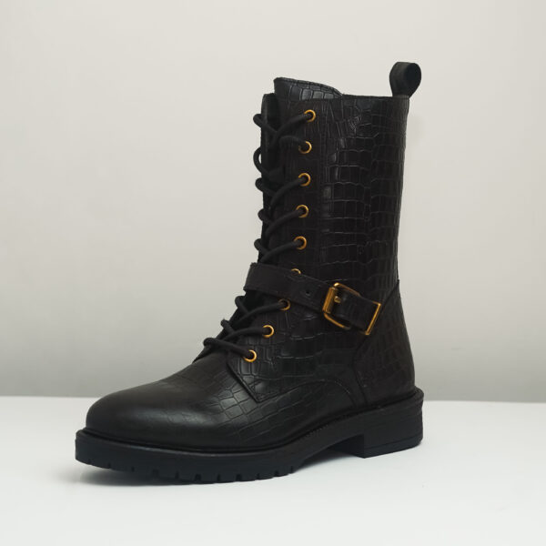 Croc-Embossed Leather Combat Boots in Black