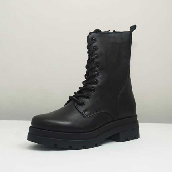 Black Leather Lace Up Boots with Zip Closure and Chunky Sole