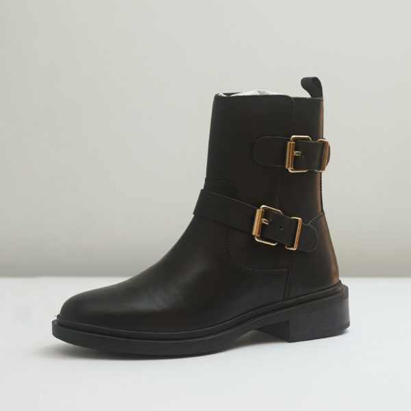Black Leather Biker-Style Ankle Boots with Gold-toned Buckles