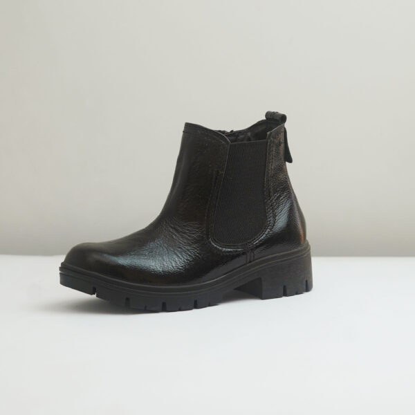 Black Patent Leather Chelsea Boots with a Cleated Sole